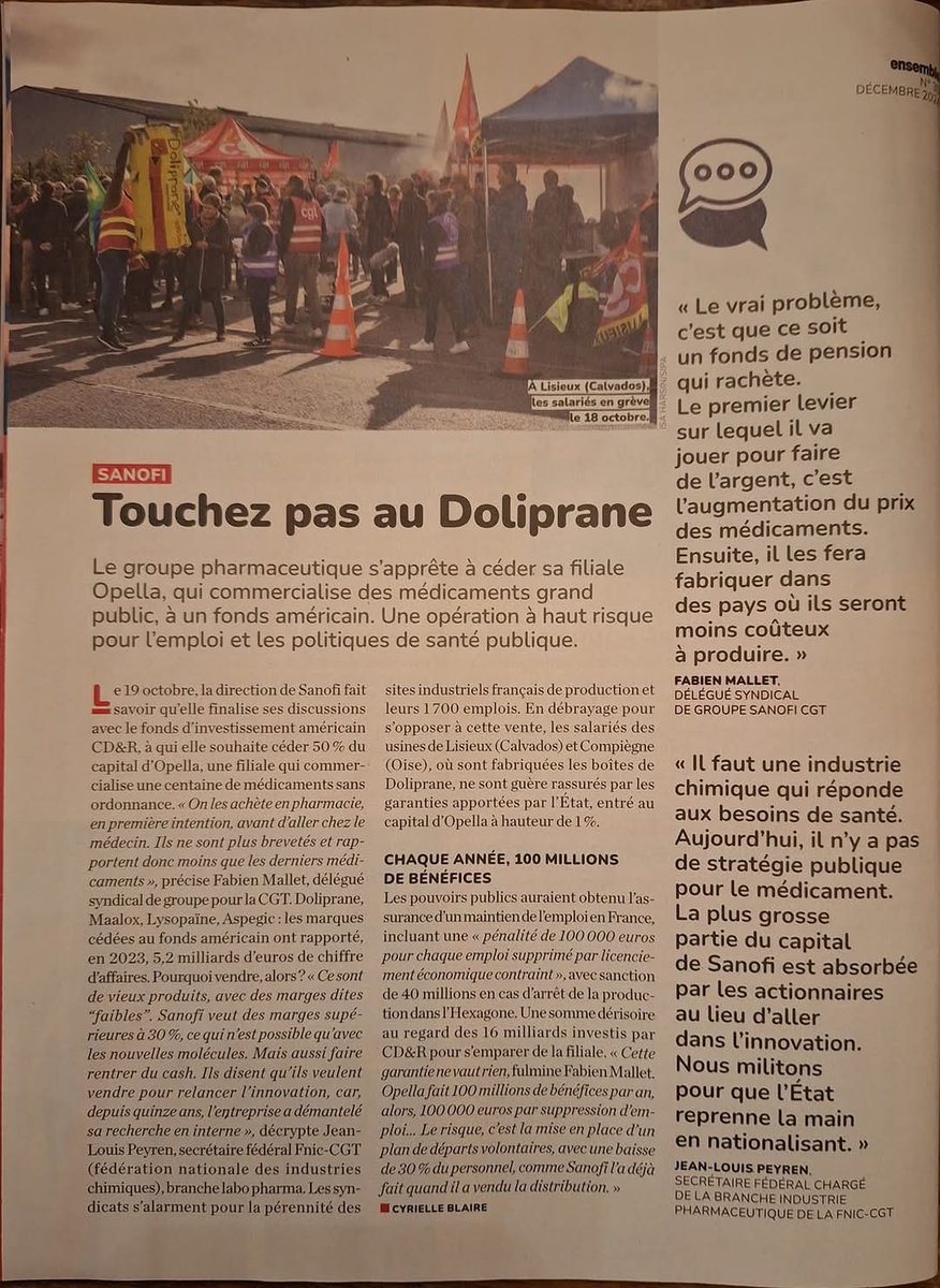 Dans Ensemble , journal de la CGT , on parle d'Opella et de cette vente inadmissible . 
#sanofi #CGTSANOFI #cgtsanofifrance