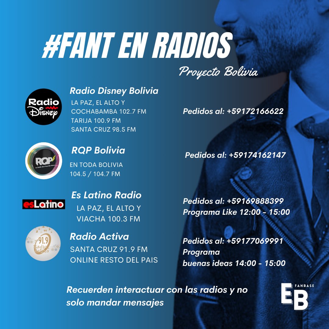 erickbrianbo's tweet image. 🇧🇴 | Equipo Erick Bolivia

Les dejamos la información de Radios para realizar pedidos de #FANT 
Escuchen la radio y esperen a que la canción salga, no solo manden mensajes.

Si necesitas información específica de alguna radio menciónalo.
Te mandaré lo que necesites.

#ErickBrian
