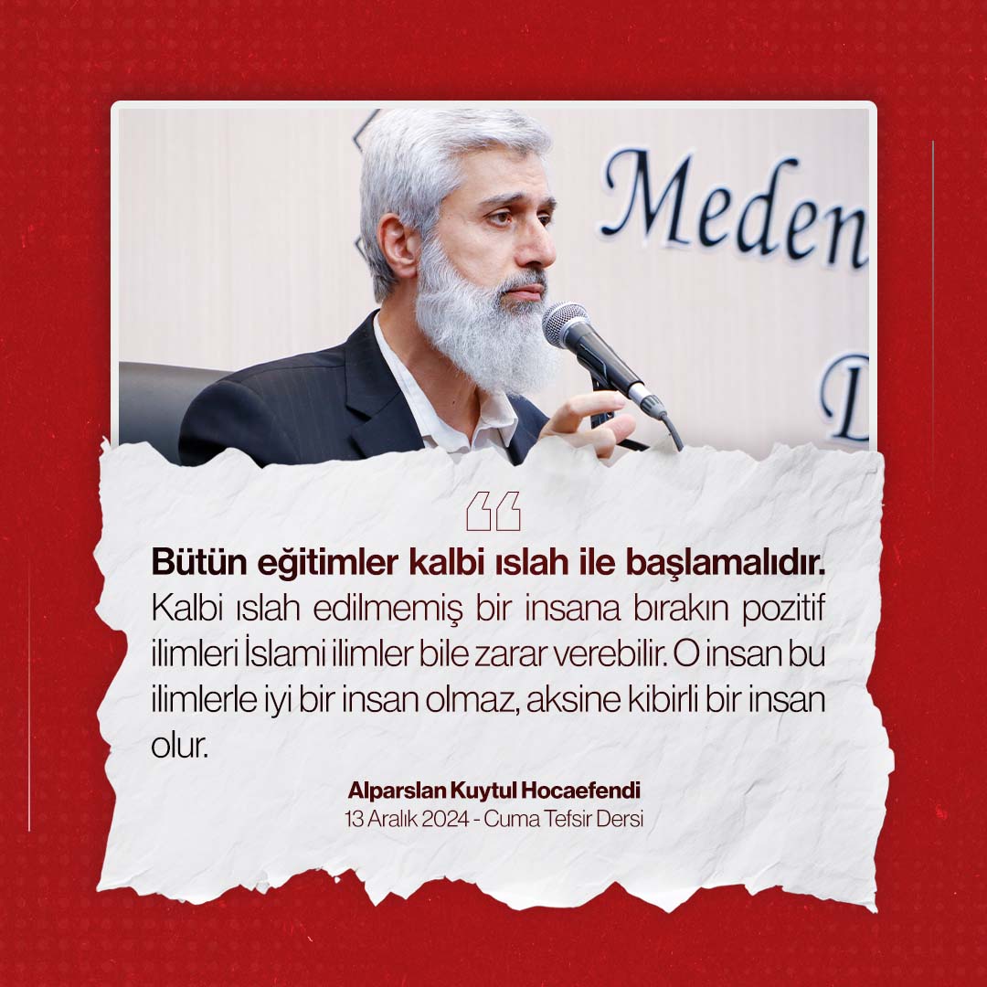 Bütün eğitimler kalbi ıslah ile başlamalıdır. Kalbi ıslah edilmemiş bir insana bırakın pozitif ilimleri İslami ilimler bile zarar verebilir. O insan bu ilimlerle iyi bir insan olmaz, aksine kibirli bir insan olur.

AlaSuresi TefsirDersi
#AlparslanHocaylaTefsirDersi