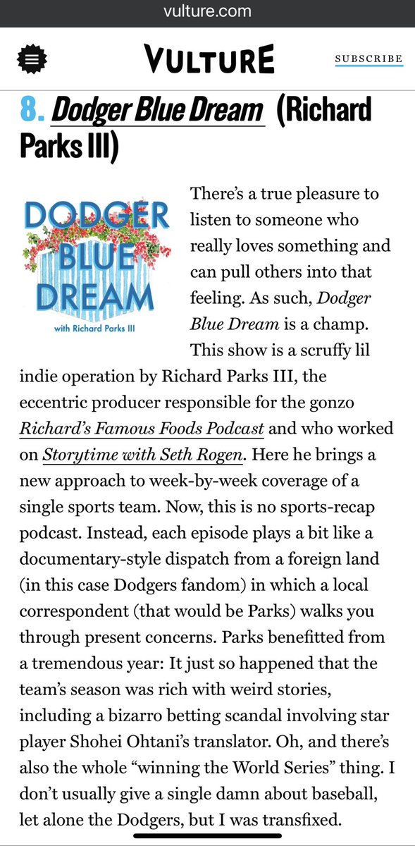 Thank you so much <a href="/vulture/">Vulture</a> for naming Dodger Blue Dream one of the best podcasts of 2024!

vulture.com/article/new-be…

<a href="/dodgerbluedream/">Dodger Blue Dream</a>
