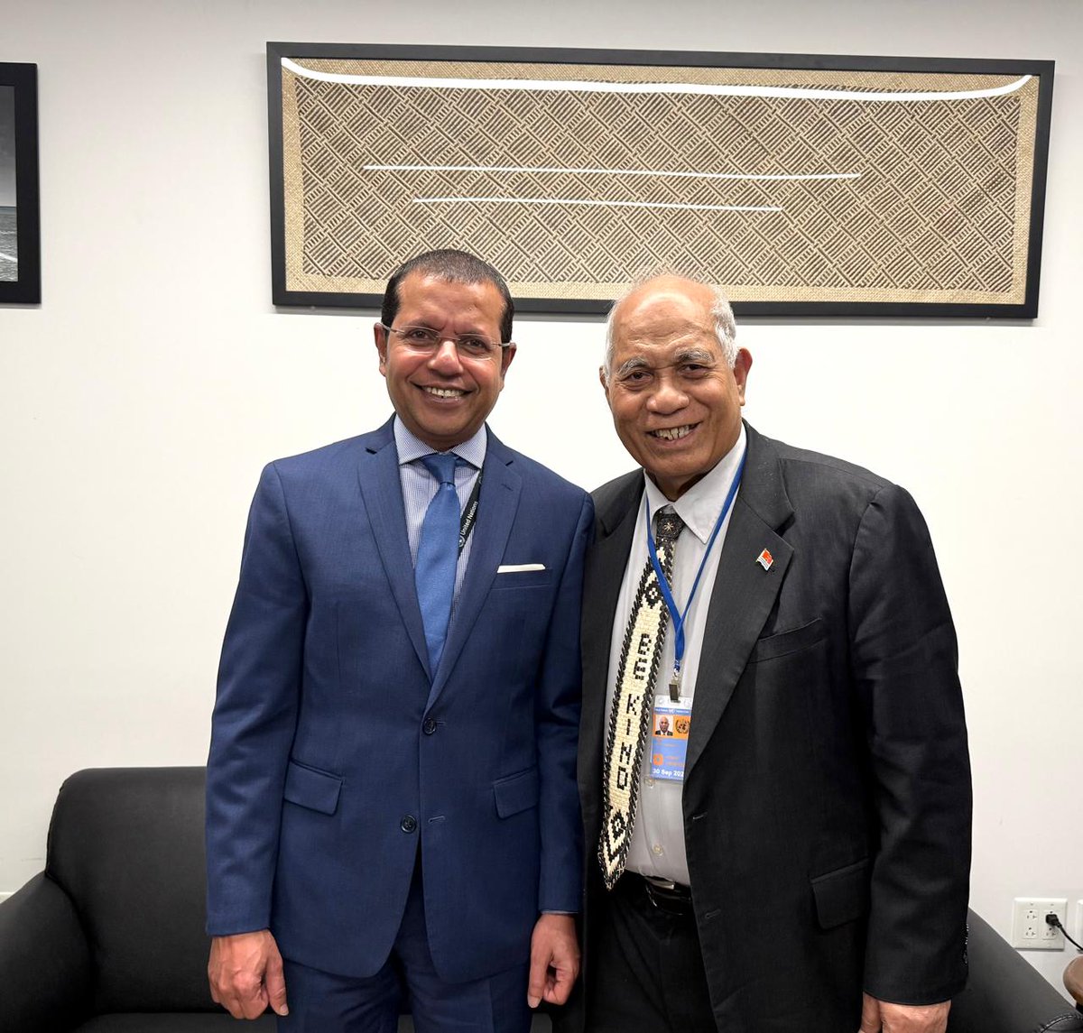 MVPMNY's tweet photo. Amb. @AlinyMohamed met with Amb. Teburoro Tito, PR of #Kiribati to the #UN &amp; former Head of State of #Kiribati. Sought avenues to strengthen cooperation through #CANCC, on sustained economic growth. Also highlighted the need to push for the interests of #SIDS at the global stage https://t.co/HkhFfhUxKh