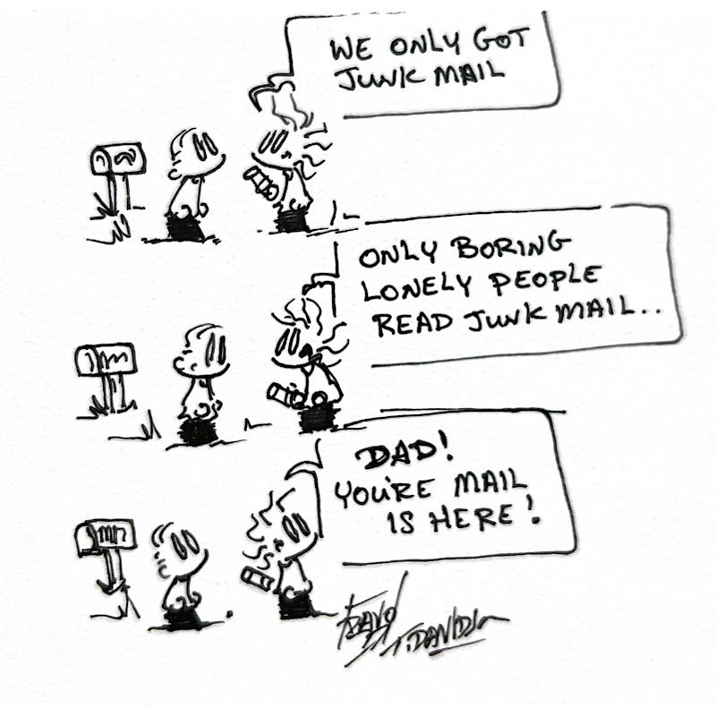 davo_77's tweet photo. Junk Mail…
#kids #parenting #junkmail
#comic #comics #art #artist #draw #drawing #comicstrip #cartoonstrip #phones #artofdavo77 #born2drawcreations #Quickscribbles
You can see more at
https://t.co/KZsGHZnas7
And
https://t.co/WsxhF1euKg https://t.co/vIMVzaJtTd