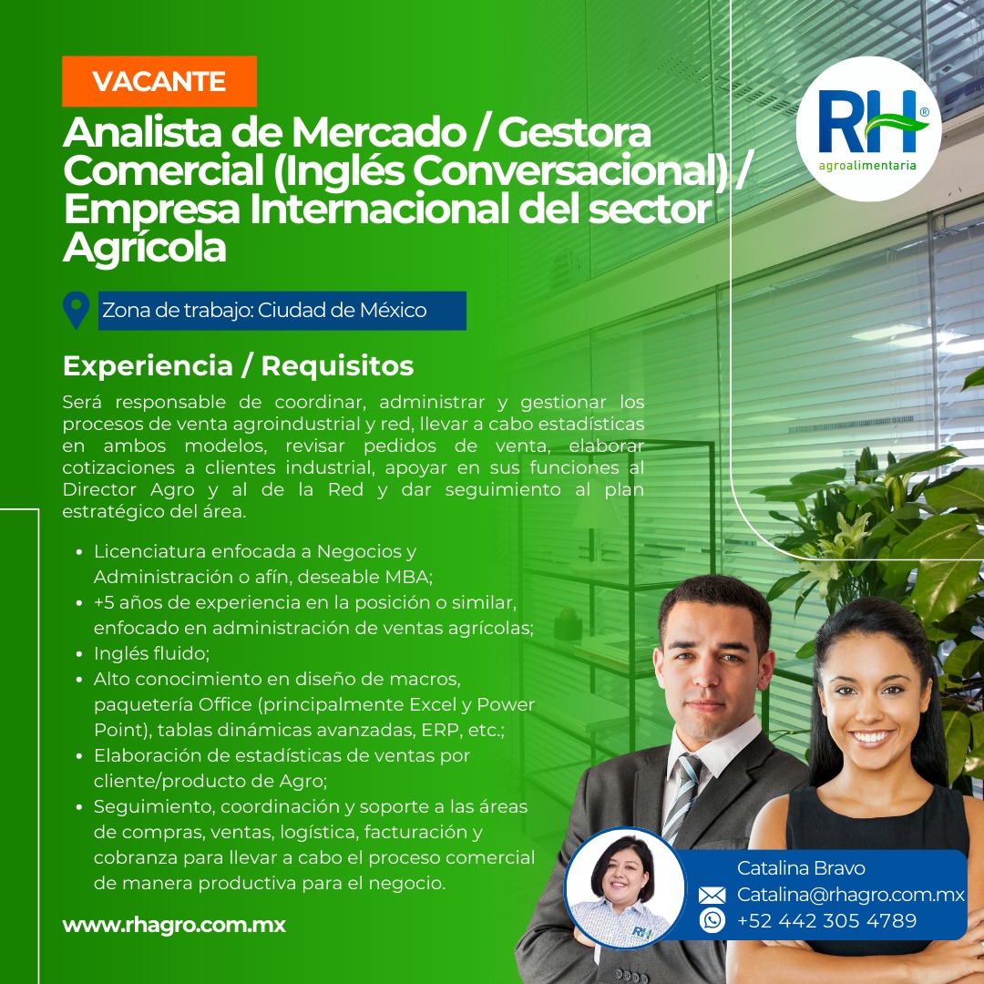 AgroRh's tweet photo. ⚠#VACANTE Analista de Mercado / Gestora Comercial (Inglés Conversacional) / Empresa Internacional del sector Agrícola
✅Link: https://t.co/ZPBRmpJsOG
👩Catalina Bravo
📩 catalina@rhagro.com.mx
📲 +52 442 305 4789
👉WhatsApp: https://t.co/ZGaLueoEXf
#VacantesActivas https://t.co/RgM4Yb9zLk