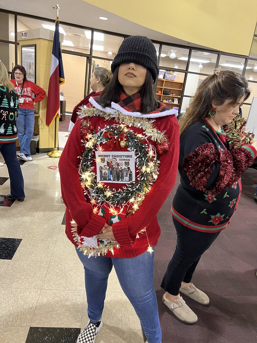 MrsHWC's tweet photo. Who wore it best?! Ugly sweater contest today was so much fun!! Great job planning it Bartlett!! @phillipbartman @MrsVasquezTeach @MrsSouthwell_ https://t.co/IRleSwbOLJ