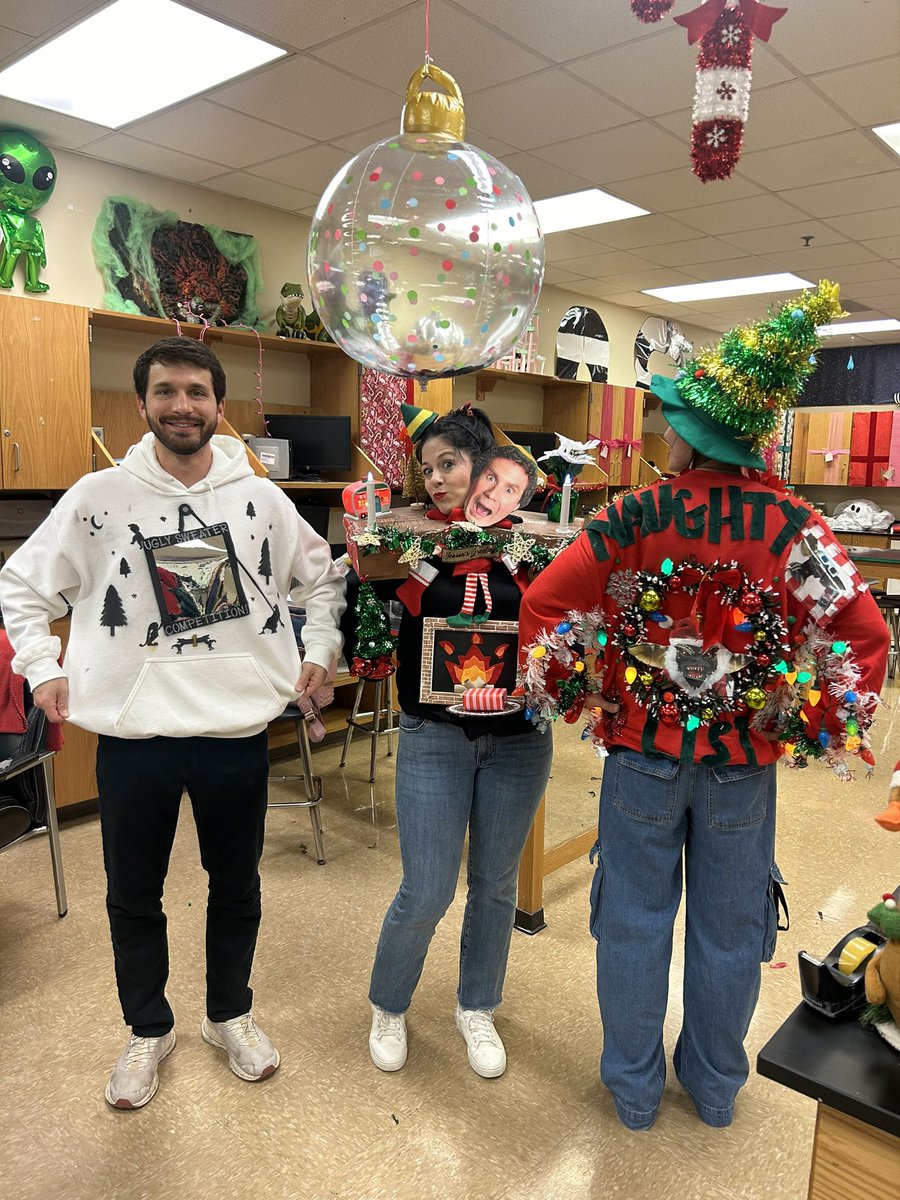MrsHWC's tweet photo. Who wore it best?! Ugly sweater contest today was so much fun!! Great job planning it Bartlett!! @phillipbartman @MrsVasquezTeach @MrsSouthwell_ https://t.co/IRleSwbOLJ