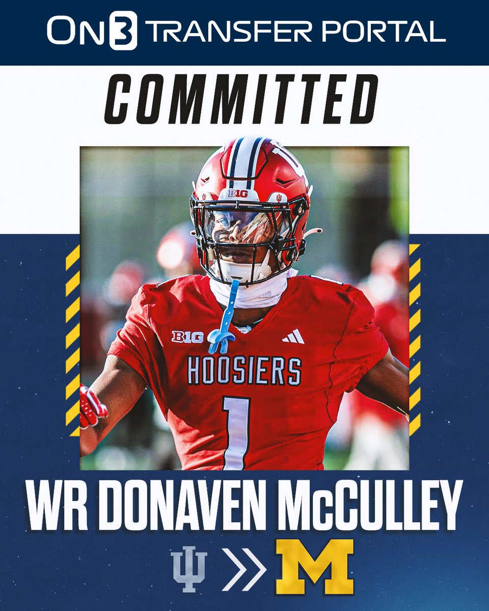 TheWolverineOn3's tweet photo. 🚨BREAKING: Indiana WR transfer Donaven McCulley commits to Michigan🚨

McCulley led the Hoosiers with 48 catches for 644 yards and 6 touchdowns in 2023.

Details: https://t.co/JihjsxZFnv https://t.co/hqscleWApJ