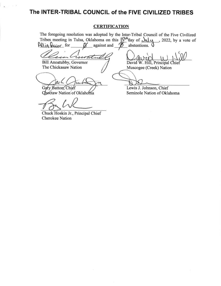 The Inter-Tribal Council of the #FiveTribes opposes federal tribal recognition or state recognition of groups that claim to be tribal nations by circumventing the Office of Federal Acknowledgement.

🔗: fivecivilizedtribes.org/Docs/Resolutio…