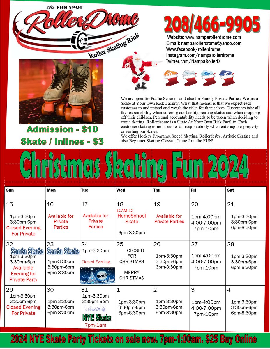 NampaRollerD's tweet photo. We are open for the Holidays with specials like NYE Skate, Skate with Santa and more. Come join the fun https://t.co/1kzXOWUGyg