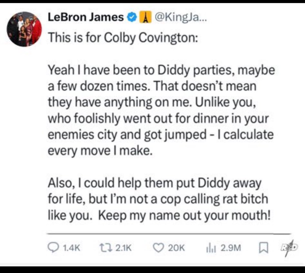 BBN_Bucky's tweet photo. 🚨🚨🚨
LeBron James fires back at Colby Covington over asking him did he go to Diddy parties 

So LeBron has KNOWN what Diddy has been doing to minors but has never said a word … 

He told on himself! This needs to be trending 🚶🏻‍♂️‍➡️ https://t.co/BxkO7Izu96