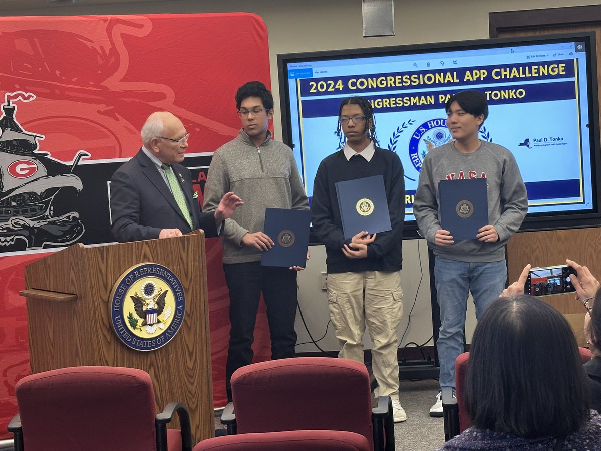 We had three students recognized for winning the Congressman Tonko 2024 Congressional App Challenge.   Atri Dey,  Josh Ko, and Anthony Egan received the award from Congressman Tonko today at GHS. We are so proud of these students!