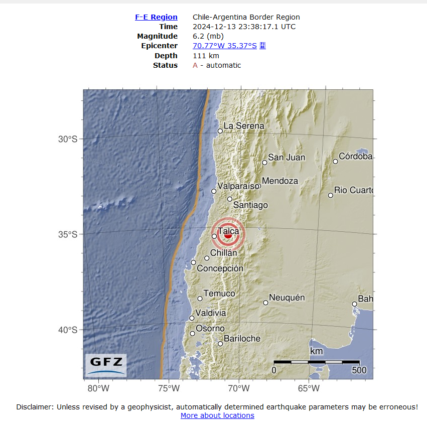 Geo_Risk's tweet photo. #sismo #temblor Chile Central, solucion preliminar GFZ, mb 6.2, por la profundidad su percepcion es bastante mas extensa que lo normal https://t.co/j6OQDMK2Pm
