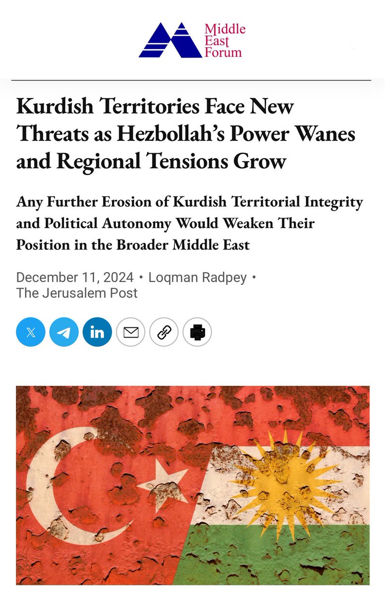LoqmanRadpey's tweet photo. 🗞️ Kurdish Territories Face New Threats
“In such a volatile environment, the #US and #Israel must stay #vigilant and capable of #reassessing regional #strategy in the face of these shifting tides. The ripple effect brings unintended #consequences, opening new fronts that could present new challenges with broader implications for Western interests. This resurgence, #ISIS_2.0, threatens to exploit the power vacuum left behind, amplifying instability and escalating violence.”
Published by @Jerusalem_Post
Re-published by the Middle East Forum @meforum
Read more 👇🏼
https://t.co/IWAy3wg0j7
#Kurdistan
#Israel
#Kurds
#US
#MiddleEast
#Syria