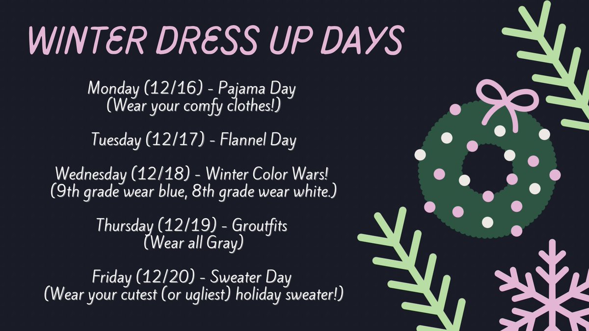 The SEP Junior High Student Council is celebrating the upcoming winter break with our annual winter dress up days! Check out the schedule ⬇️ and make plans to participate next week! ❄️☃️