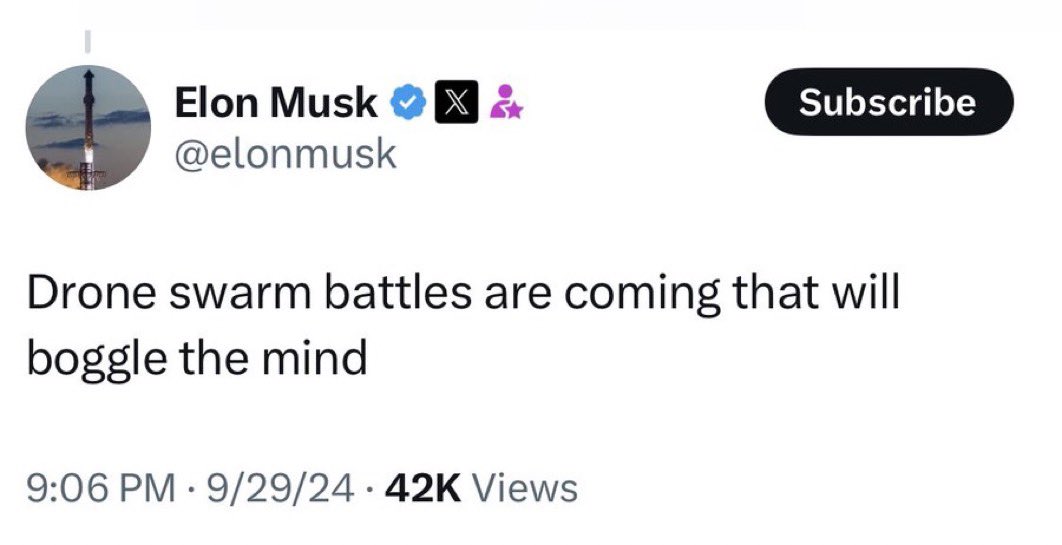 Vision4theBlind's tweet photo. Elon musk back in September:

“Drone swarm battles are coming that will boggle the mind” https://t.co/6tXgNGYGBl