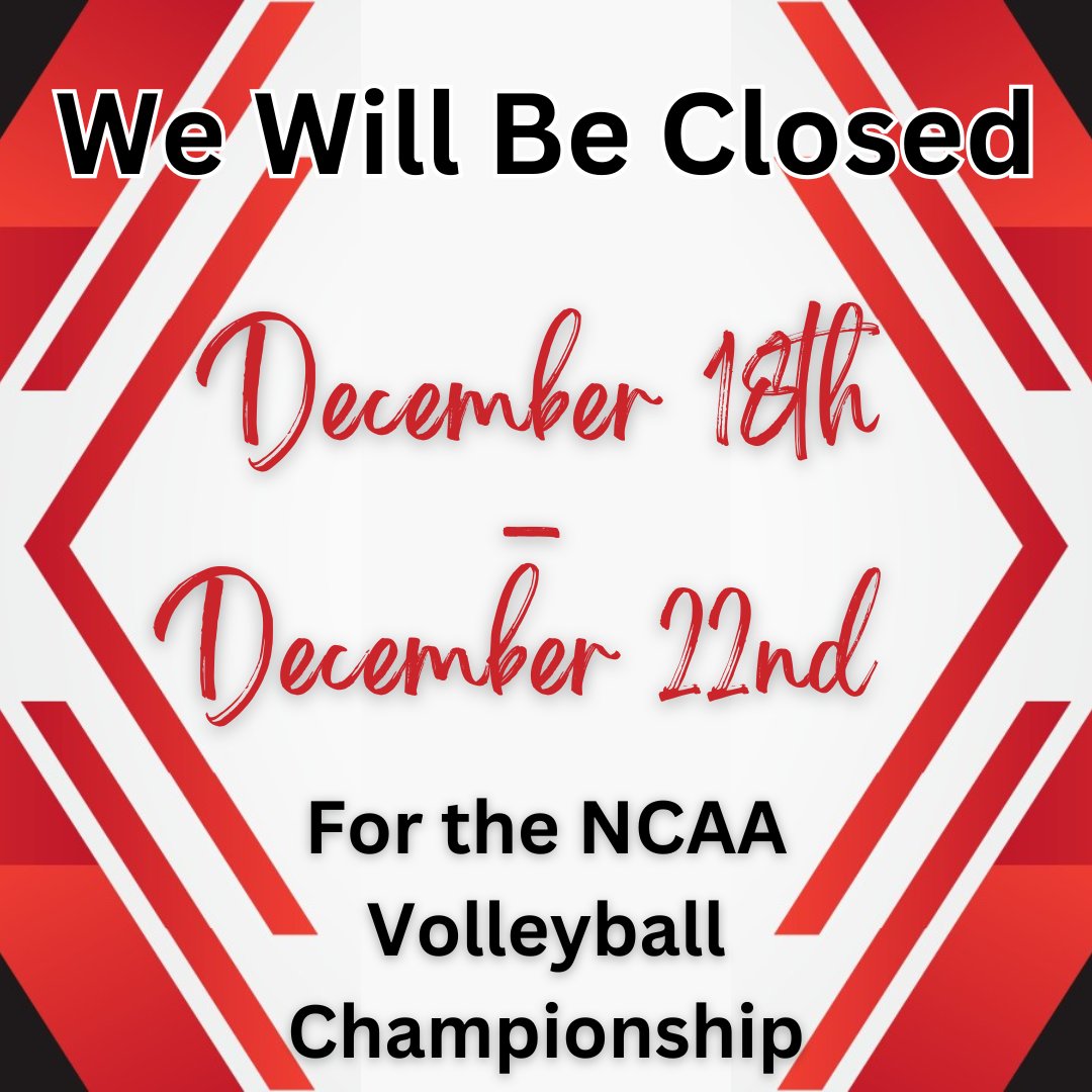 🅲🅻🅾🆂🅴🅳:
Cardinal Authentic will be closed 
December 18th - December 22nd
For the NCAA Volleyball Championship.

We are open Sunday the 15th for the Women's Basketball game.

Monday the 16th and Tuesday the 17th from 11am-4pm
We have Volleyball shirts and lanyards.