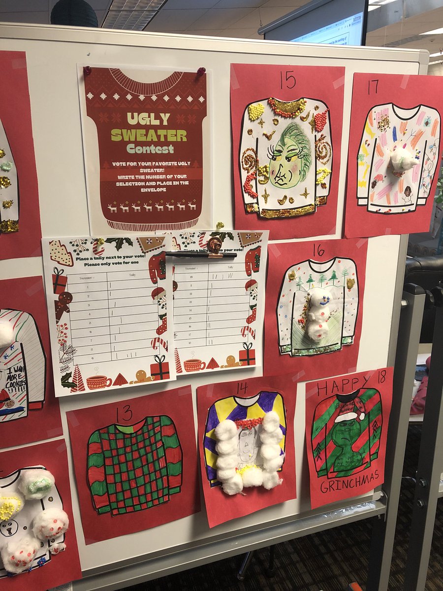 MsScanlon1's tweet photo. Our classroom Elf brought us sweaters to decorate and 6S had so much fun turning them into an Ugly Sweater contest! Make sure to cast your votes to decide the winner! 🏆 https://t.co/Pz61bamIKp