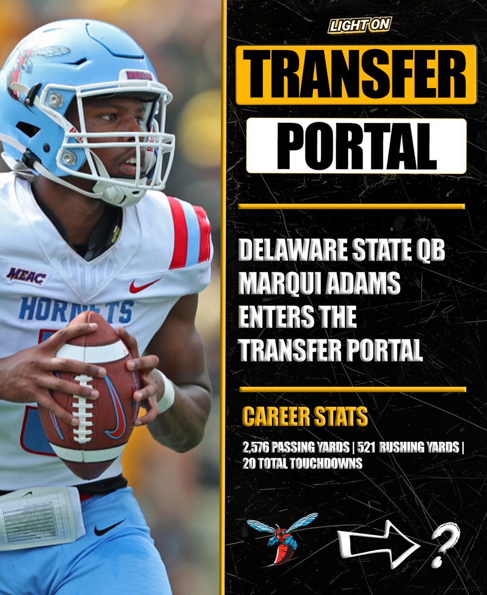 Delaware State QB Marqui Adams has entered the transfer portal, per his social media.

He totaled 2,576 passing yards, 521 rushing yards, and 20 touchdowns during his time with the Hornets.

(via <a href="/Marquiadams15/">Marqui Adams</a>)