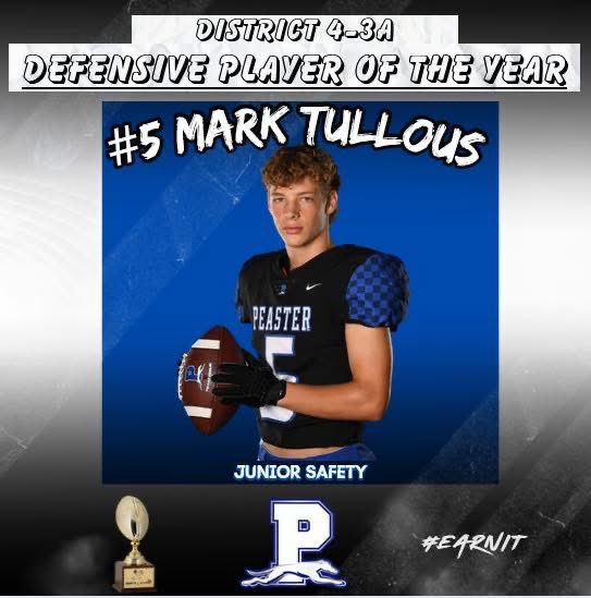 Mark Tullous (@mark_tullous) on Twitter photo So blessed and excited to be named District 4-3A Defensive Player of the Year.
Thank you for all the support from my teammates, coaches, family and fans!
<a href="/PeasterFBALL/">Peaster Football</a> <a href="/GMsportsmedia1/">GM Sports Media</a> <a href="/dctf/">Dave Campbell's — TexasFootball.com</a>
#txhsfb #earnit #5 #defense #district43a #3afootball #texashsfb #txfb So blessed and excited to be named District 4-3A Defensive Player of the Year.
Thank you for all the support from my teammates, coaches, family and fans!
<a href="/PeasterFBALL/">Peaster Football</a> <a href="/GMsportsmedia1/">GM Sports Media</a> <a href="/dctf/">Dave Campbell's — TexasFootball.com</a>
#txhsfb #earnit #5 #defense #district43a #3afootball #texashsfb #txfb