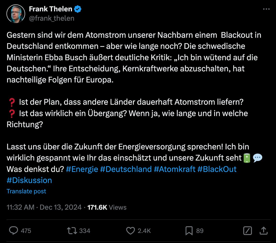 Team4DE's tweet image. Service Tweet für @frank_thelen zur Energieversorgung in Deutschland ohne Wind- und Sonnenkraft:

72,4 GW war der maximale Verbrauch (= Last) in dieser Woche, beginnend mit dem 9. Dezember 2024.

75,8 GW war der maximale Verbrauch (= Last) im gesamten Jahr 2024.

91,4 GW beträgt…