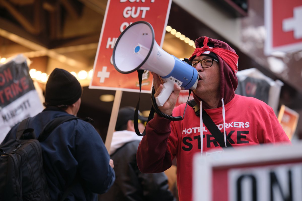 UniteHereL2's tweet photo. 12 WEEKS ON STRIKE!
Hotel bosses want to destroy our union standard, but we say no way! https://t.co/zGkESPfRWr