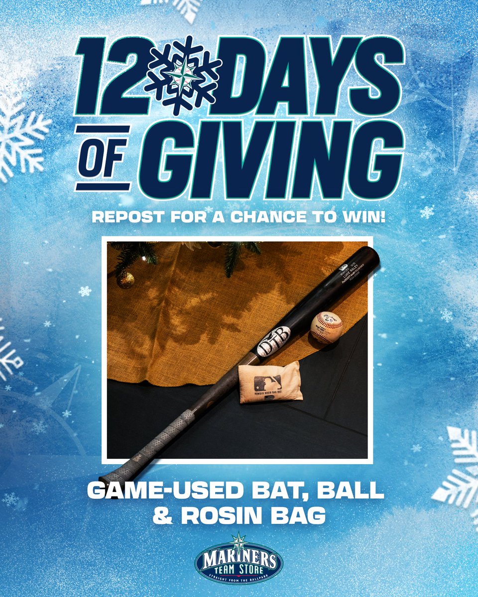 Seattle Mariners (@mariners) on Twitter photo ❄️ REPOST to WIN ❄️
Our first 12 Days of Giving prize has arrived! Hit that repost button for a chance to win a game-used baseball, rosin bag and Luke Raley bat, thanks to <a href="/SEAauthentics/">SEAauthentics</a>!
Must be 18+. No purch. nec. Enter by 11:59p PT on 1/5/25. atmlb.com/3DaWdvY ❄️ REPOST to WIN ❄️
Our first 12 Days of Giving prize has arrived! Hit that repost button for a chance to win a game-used baseball, rosin bag and Luke Raley bat, thanks to <a href="/SEAauthentics/">SEAauthentics</a>!
Must be 18+. No purch. nec. Enter by 11:59p PT on 1/5/25. atmlb.com/3DaWdvY