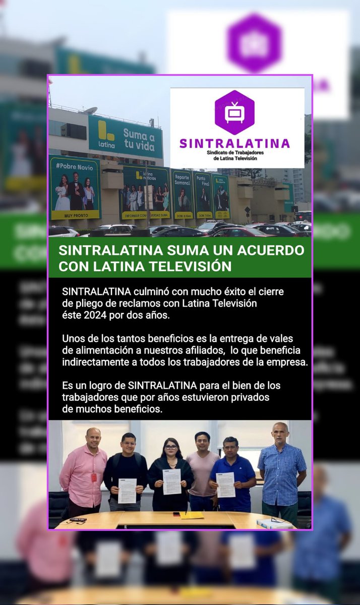 Sintralatina28's tweet photo. ¡Viva Sintralatina!
¡Afíliate y 𝙎𝙐𝙈𝘼 !
¡ @Latina_pe el sindicato, 𝙎𝙐𝙈𝘼 !
¡ Los vales a todos los trabajadores, 𝙎𝙐𝙈𝘼 ! https://t.co/svJpDoYjKT