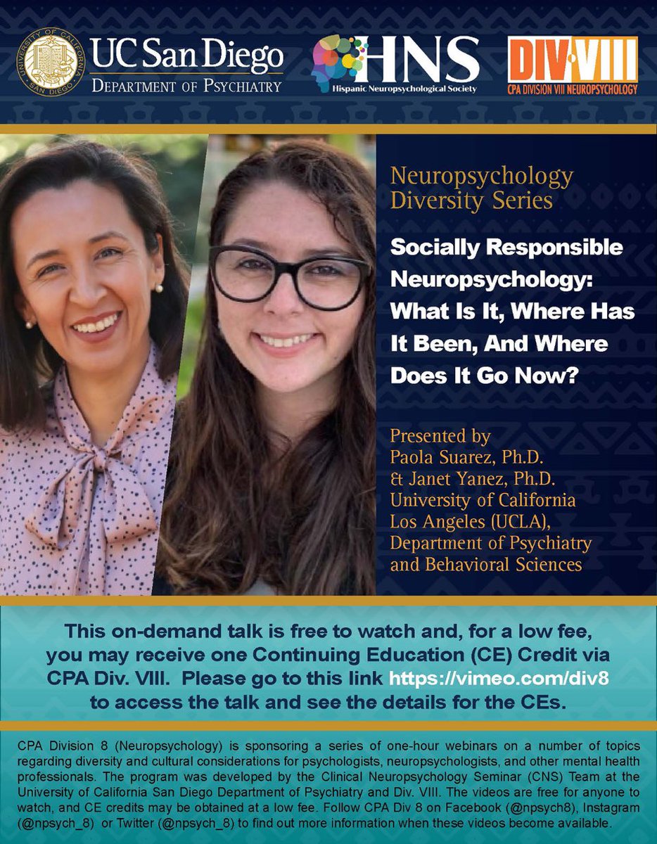 npsych_8's tweet photo. Sharing our newest Neuropsychology Diversity Series Talk co-sponsored by @npsych_8 , @PsychiatryUcsd, &amp; @HNSneuropsych ! 
Socially Responsible Neuropsychology: What Is It, Where Has It Been, &amp; Where Does It Go Now? By Paola Suarez, Ph.D. &amp; Janet Yanez, Ph.D. of @HarborUCLAPsych https://t.co/KTQYbBBxLO
