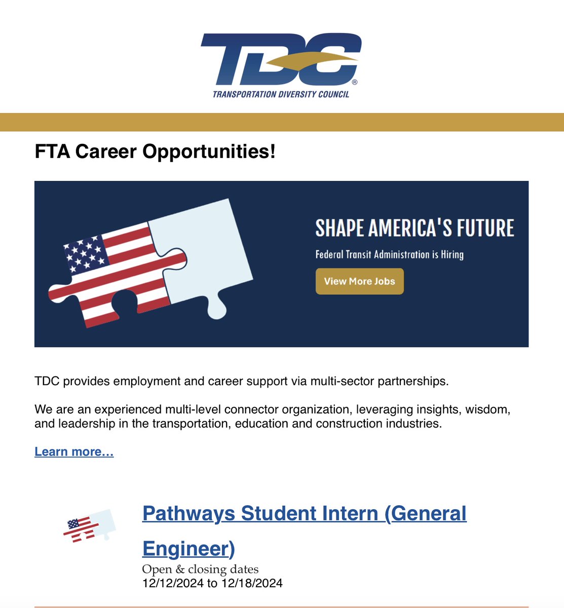 TDCNTL's tweet photo. FTA Career Opportunities!

Position: Pathways Student Intern (General Engineer)
Application Deadline: 12/18/2024
Link to Full Job Description: https://t.co/B0yzpz64Lx https://t.co/yXB60XnU7o