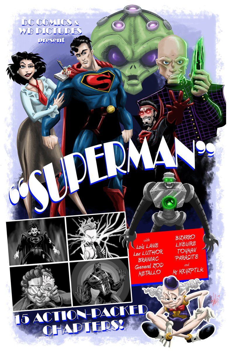 OuthouseCartoon's tweet photo. Finished the vintages Superman serial poster from Tuesday night's stream!

#Superman #DCcomics #LoisLane #Brainiac #LexLuthor #GeneralZod #Metallo #MrMxylptlk #Livewire #Toyman #Bizarro #Parasite #fanart #vintage #retro #classic #art #artist #posterart https://t.co/dazCFUsajN
