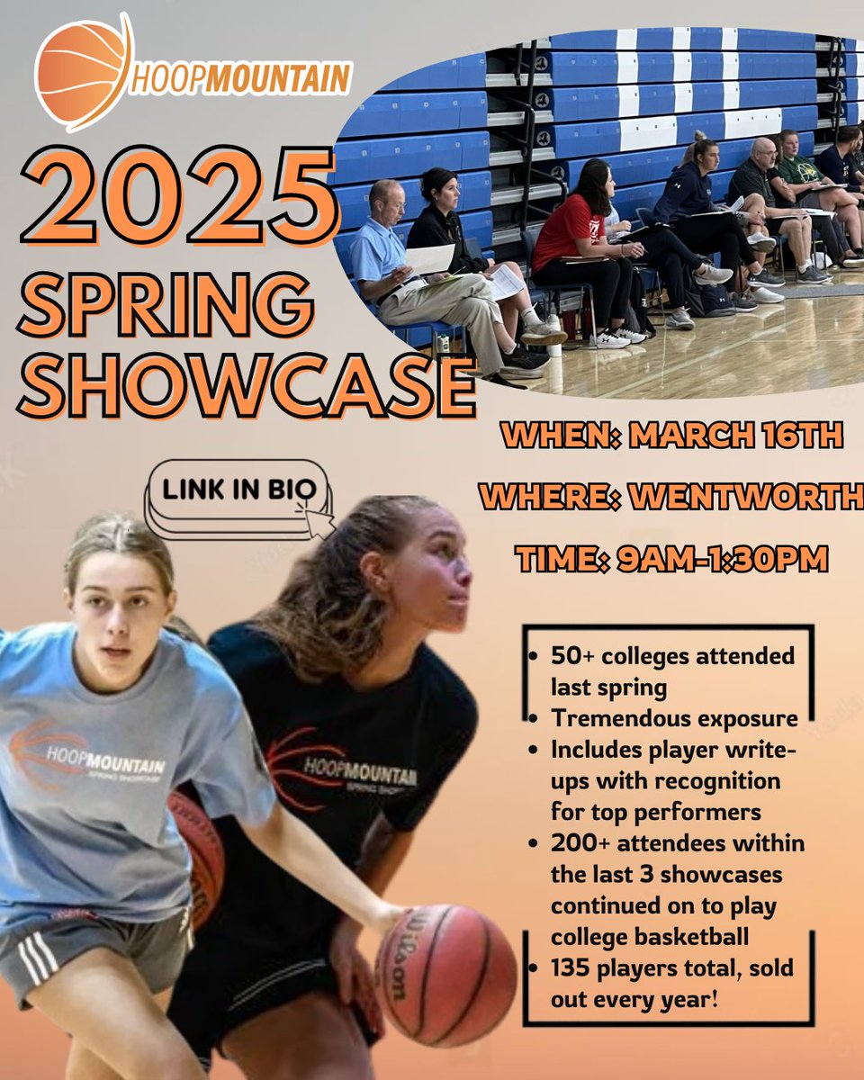 Don't miss your chance to shine at the 2025 Hoop Mountain Spring Showcase on March 16th! This event is the perfect opportunity for players to gain tremendous exposure, with over 50 colleges attending last spring. Link in Bio to register!