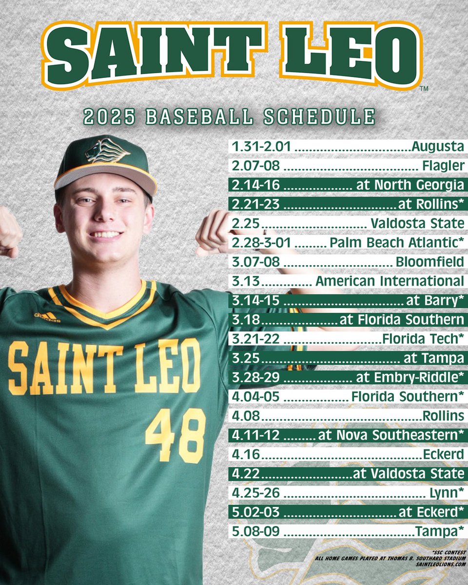Hey! How about that! 

First-year head coach Josh Keim has announced his 2025 @saintleobase schedule!

We have many great days to play two at Thomas B. Southard Stadium this spring!

🔗bit.ly/3OUzMOg

#GOLIONS 🦁 | #SAINTLEO1PRIDE 🦁 
#THELIONWAY 🦁