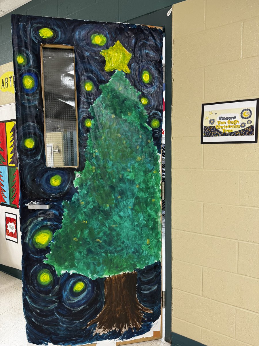 🎄Art 2 Holiday Door Decor for the win! My painters were so proud of their hard work and talent they are able to display for <a href="/NISDStinson/">Stinson MS NISD</a> #12daysofchristmas!! #SkyhawkPride ❤️💚