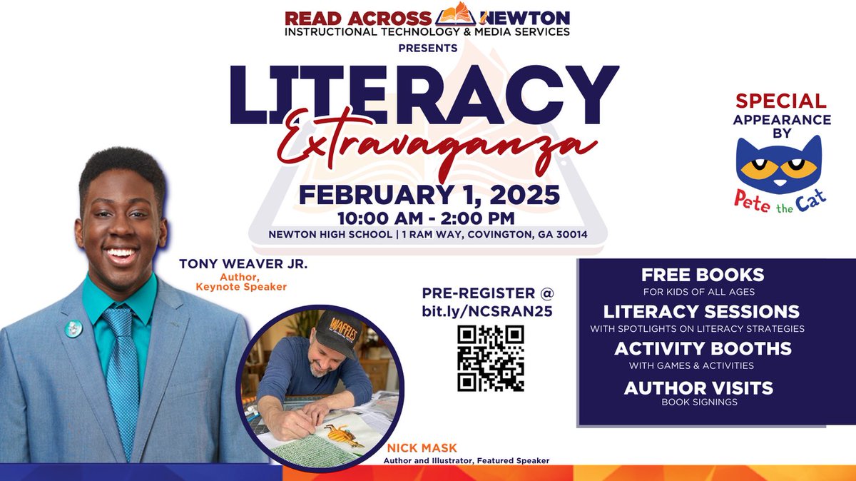 Instructional Technology &amp; Media Services presents the 2nd Annual Literacy Extravaganza! 📚✨ Feb 1, 2025, 10 AM-2 PM @ Newton HS. Free books, sessions, author visits &amp; Pete the Cat! Pre-register: bit.ly/NCSRAN25 #ReadAcrossNewton #3E #SpiritPrideExcellence