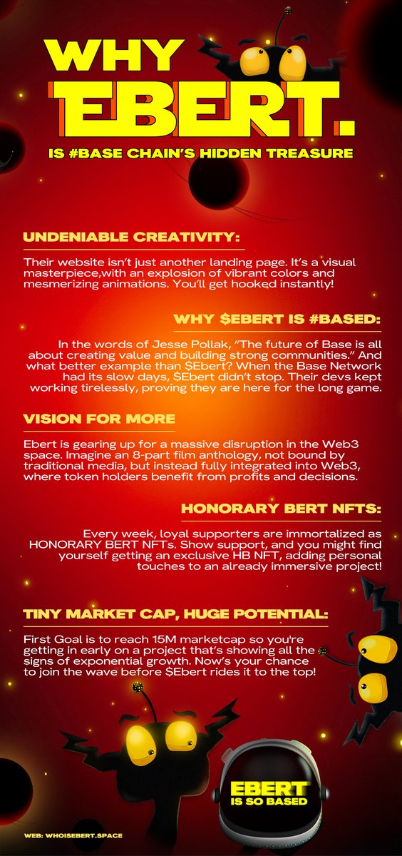 Mayuritself's tweet photo. The next big pump on Base? It’s $Ebert. But why?

This isn’t just another hype project—it’s backed by real action and partnerships happening behind the scenes. $Ebert has teamed up with Umeshu Lovers, the creative agency behind massive hits like Fortnite and the Mario Bros Movie. And that’s not all— $Ebert is bringing stunning 3D animations to Base, setting a new standard for creativity and innovation on the chain.

Want to know more? DYOR and dive into their vision at https://t.co/0FhV0hxeke. When everything rolls out, the momentum will be undeniable. Buckle up—$Ebert is building something big. For your research, you can check the below infographic 🚀
