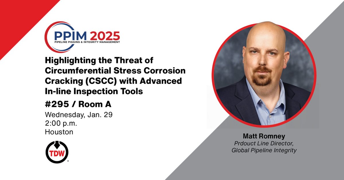 At PPIM 2025, Matt Romney, Product Line Director for Pipeline Integrity, will demonstrate how advanced in-line inspection tools can help operators detect and mitigate CSCC.

📅 Jan. 29 // 🕑 2:00 p.m. // 📍 #295 

bit.ly/4iv8Thm
#PPIM2025 #PipelineIntegrity #oilandgas