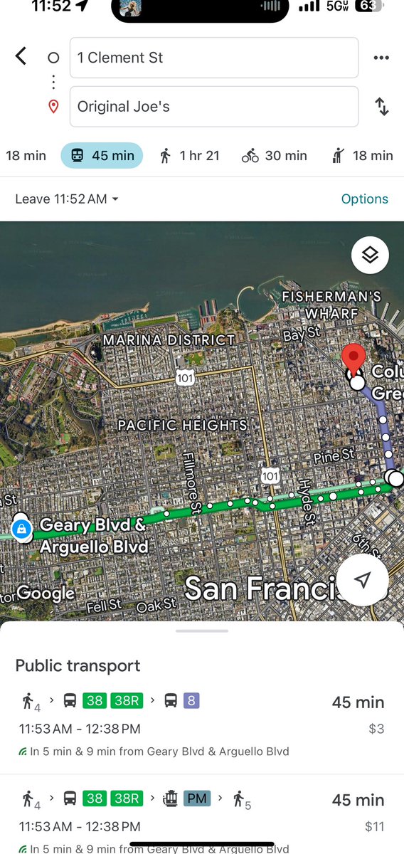 KevMartinSF's tweet photo. @SafeStreetRebel @aleximm @yipitdata @Uber @lyft @WaymoCommunity 18 minutes in a car, 45 on a bus.  Blows them out of the water?  Please explain 😂 https://t.co/e3fi99h02e