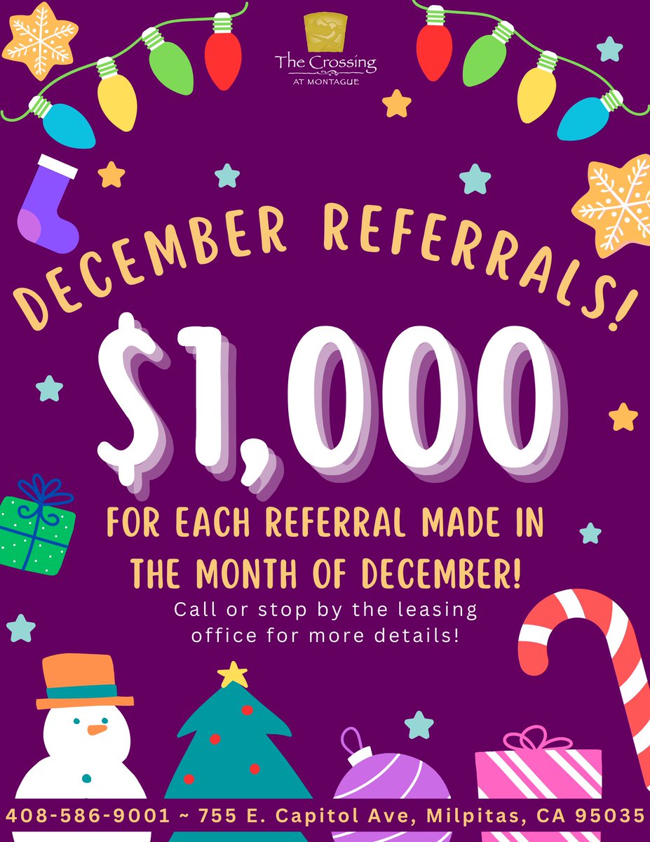 TheCrossingRPM's tweet photo. IT'S THE HOLIDAY SEASON!

🥰💰⛄️💲🤩💰🎅💲🎄💰🥳💲🎁💰🎉

We have AMAZING DEALS going on right now on our floorplans!

Bring your friends &amp; colleagues to find their future home in our apartment complex!

Referrals for December are $1000! Great opportunity to earn extra cash! https://t.co/UbYLBStQQb