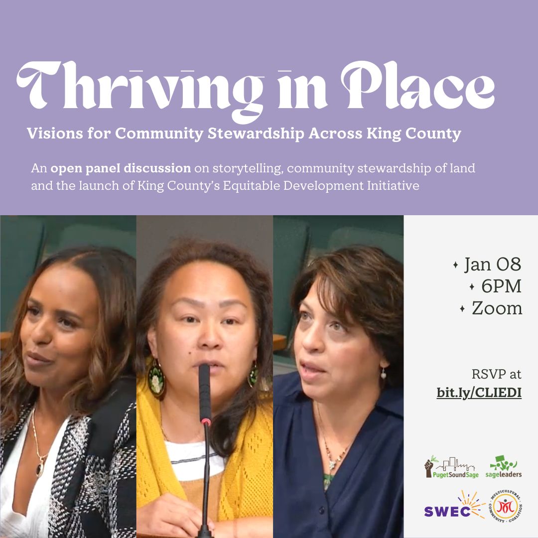 PugetSoundSage's tweet image. Join the King County EDI Coalition and Sage Leader’s Community LeadershipInstitute for the launch of the KCEDI Coalition’s storytelling project, Thriving in Place: Visions for Community Stewardship across King County! 

Jan 8 at 6PM on Zoom
RSVP at bit.ly/CLIEDI