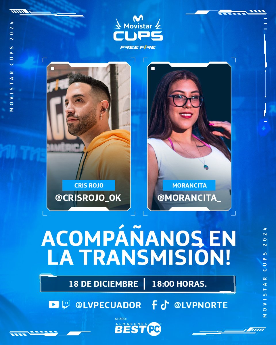 🎤🌟 @Morancita_ y <a href="/crisrojo_ok/">Crisrojo</a> darán voz a la gran final de Movistar Cups Master Challenge! 

Prepárate para una transmisión llena de emoción🔥 

📆18 de diciembre
⏰ 18:00 horas
📺YouTube y Twitch LVPEcuador, Facebook y TikTok LVP Norte

¡Te esperamos! #MovistarCupsEc
