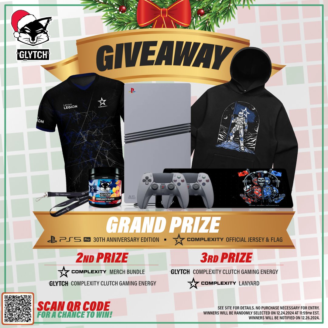 GLYTCH Energy (@glytchenergy) on Twitter photo Celebrate the lead-up to Christmas with us!🎄
We are giving away a brand new PlayStation 5 Pro 30th Anniversary Edition and bundles of <a href="/Complexity/">Complexity</a> Gaming goodies!
🏆 1st Prize: 1x PlayStation 5 Pro 30th Anniversary Edition, 1x Complexity Flag and 1x Complexity Jersey
🏆 2nd Celebrate the lead-up to Christmas with us!🎄
We are giving away a brand new PlayStation 5 Pro 30th Anniversary Edition and bundles of <a href="/Complexity/">Complexity</a> Gaming goodies!
🏆 1st Prize: 1x PlayStation 5 Pro 30th Anniversary Edition, 1x Complexity Flag and 1x Complexity Jersey
🏆 2nd