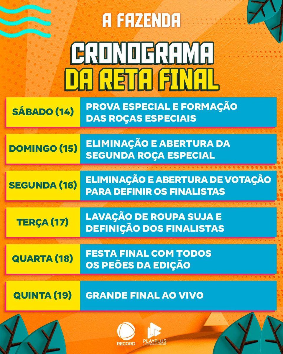 afazendarecord's tweet image. A reta final chegou! 🔥 Quem será que vai vencer o reality rural? 🏆 Antes disso, fique ligado no cronograma da reta final de #AFazenda 16! 📅 Anote na agenda e não perca nenhum momento no cercado! 🤠

👉 Assine o #PlayPlus e tenha acesso à transmissão 24 horas de #AFazenda com 6