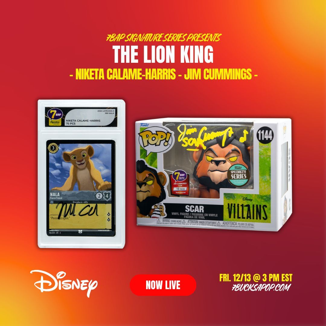 7BucksAPop's tweet photo. 🦁✨ NOW LIVE! ✨🦁 

The #7BAPSignatureSeries 7 Days of Disney continues with a ROARING good drop today! 

🐾 Featuring:
Jim Cummings as Scar
Niketa Calame-Harris as Nala 

⛰️Pop & Card Available:
Scar Pop - $95
Nala Card - $45 

🌟 Shop now and snag these Disney treasures before they’re gone! https://t.co/S84tH0tDTt 

#7BAP #7BAPSignatureSeries #LionKing #Disney #7DaysOfDisney #Scar #Nala #FunkoPop #AutographedMemorabilia #HolidayShopping