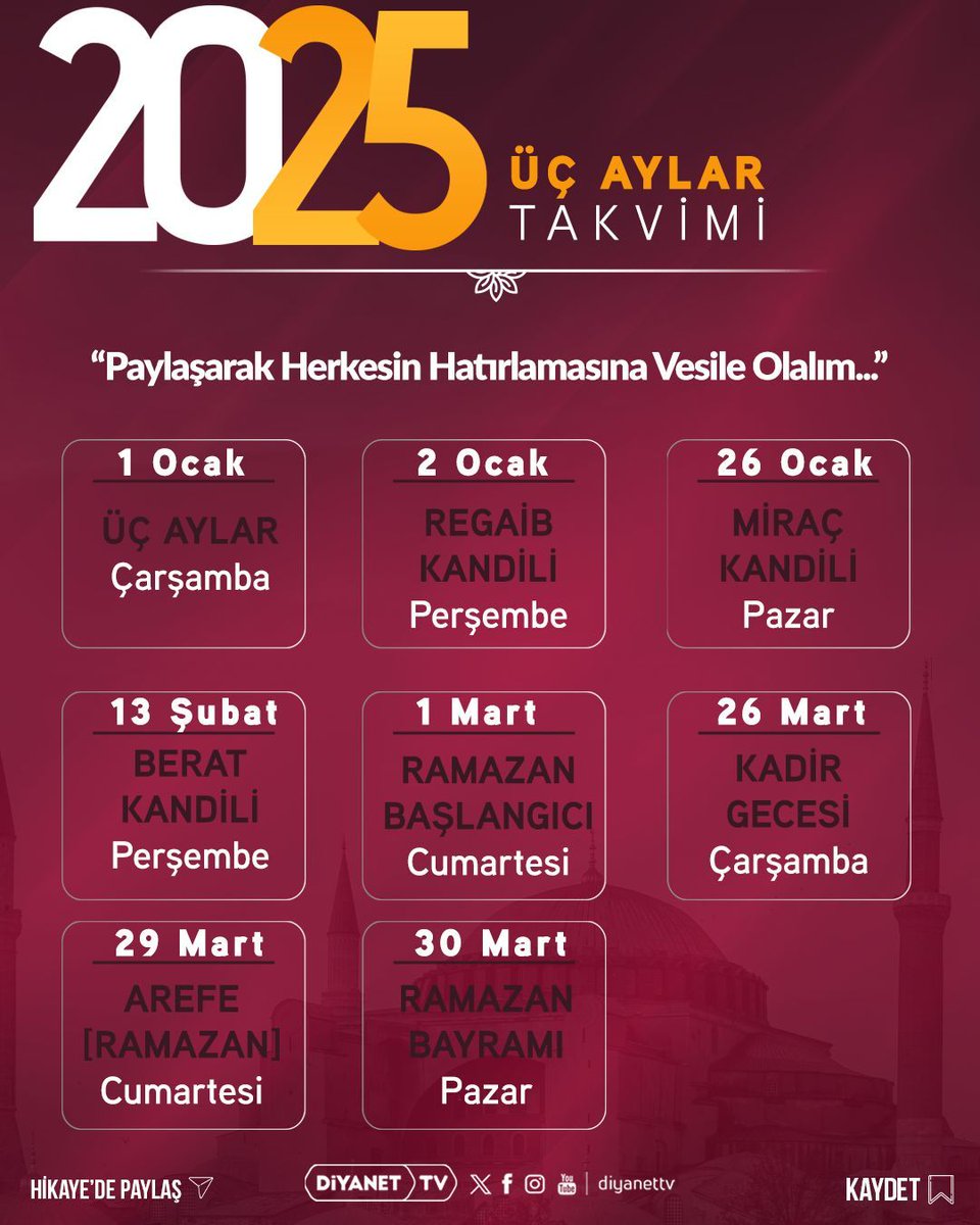 DiyanetTV's tweet photo. 2025 #ÜçAylar Takvimi ���️

❝Allah'ım! Recep ve Şaban aylarını hakkımızda mübarek eyle, bizi Ramazan ayına ulaştır.❞
Taberânî, el-Mu’cemu’l-evsat, IV, 189

Paylaşarak Herkesin Hatırlamasına Vesile Olalım... https://t.co/tD7qPP3kpu