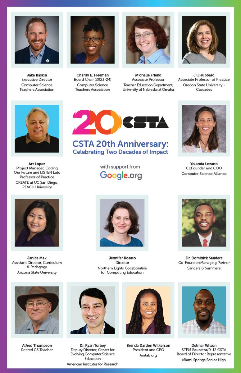 csteachersorg's tweet photo. To celebrate CSTA’s 20th Anniversary, we’ve created a #CSEdWeek poster highlighting the people behind this movement — individuals whose dedication, expertise, and passion have propelled the mission of CSTA forward. #LookingBackLeapingForward
Learn more: https://t.co/MMb9YdZVOt https://t.co/UekPzD5hQd