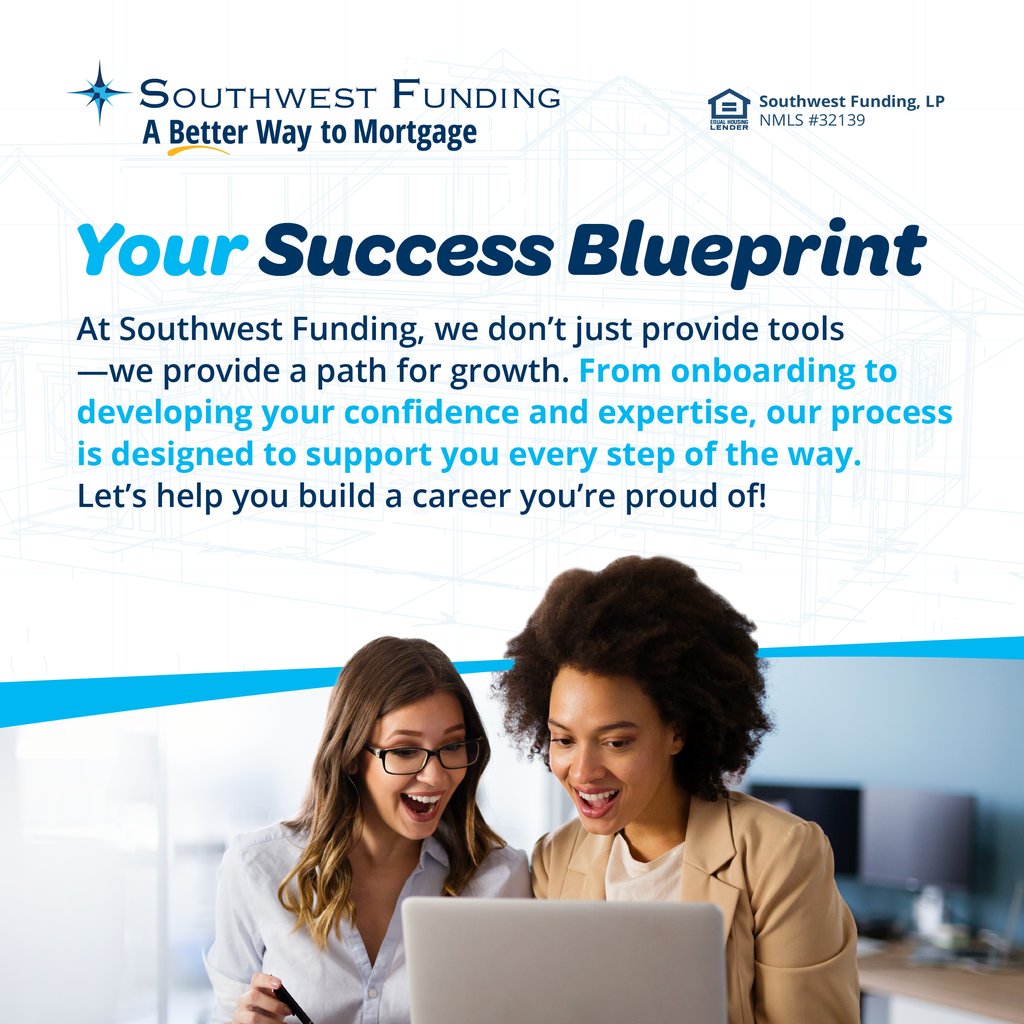swfunding1's tweet image. Your career deserves a strong foundation, and Southwest Funding is here to provide it. 🌟 From onboarding to building your skills and expertise, we’re committed to your growth every step of the way!

#MortgageSuccess #LoanOfficerSupport #SWFStrong #SWFunding