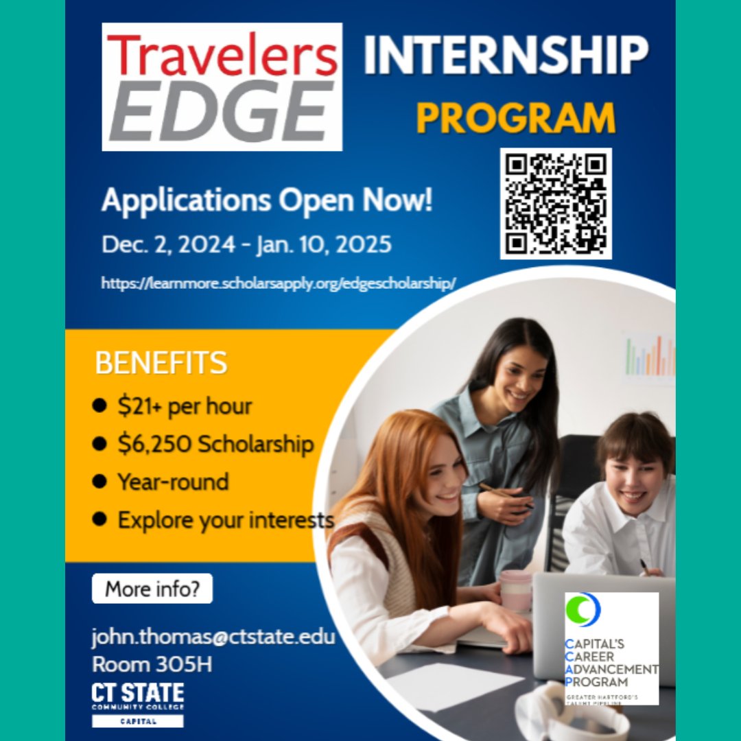 For @CTSateEdu students interested in working in the insurance or business field, learn more about CT State Capital's partnership with <a href="/Travelers/">Travelers</a>. 

Apply today for admission: learnmore.scholarsapply.org/edgescholarshi…