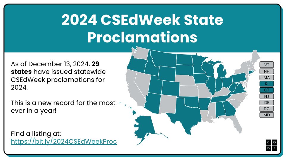 We are getting close to the end of #CSedWeek, but there is still time for Governors to make a proclamation this week! If your state is missing, tag your Governor and encourage them to support Computer Science Education!