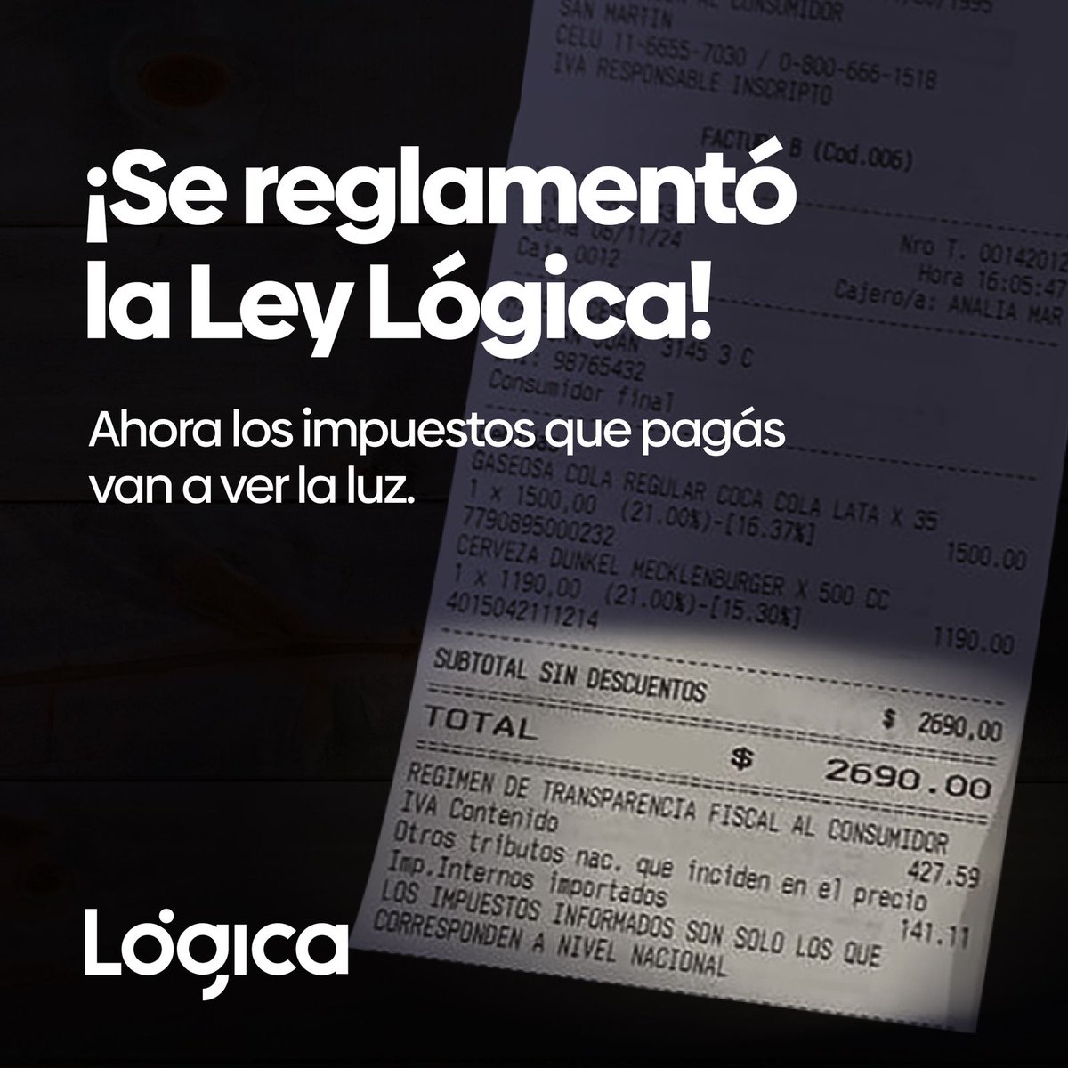 PaisConLogica's tweet image. Hoy se publicó la reglamentación del Régimen de Transparencia Fiscal al Consumidor que venimos impulsando desde Lógica. A partir de enero, los tickets van a empezar a mostrar los impuestos que pagás.
Es el primer paso para seguir generando conciencia fiscal!
#SaberEsPoder