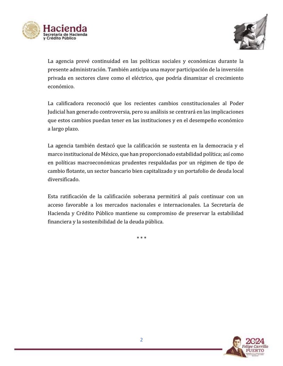 Hacienda_Mexico's tweet image. Standard and Poor's ratifica la calificación crediticia de México con perspectiva estable.

bit.ly/4gel80f

#ComunicadoHacienda