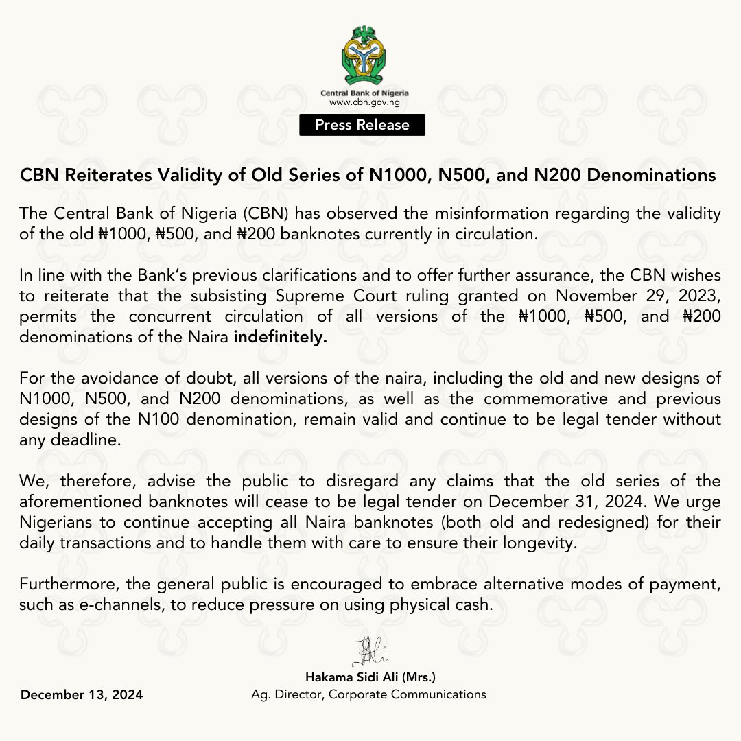 cenbank's tweet photo. PRESS RELEASE - CBN Reiterates Validity of Old Series of N1000, N500, and N200 Denominations. https://t.co/wo1rHS95fi